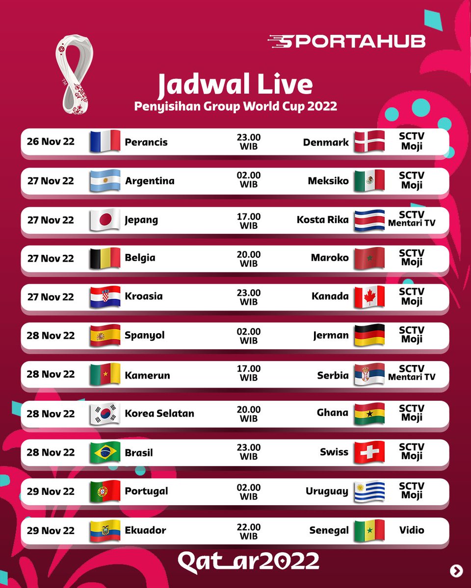 sportahub's tweet photo. Yang ditunggu tunggu!
Jadwal lengkap siaran live penyisihan group piala dunia.

#jadwalbola #jadwalbolatv #jadwalpialadunia #pialadunia2022 #worldcup #worldcup2022 https://t.co/ceubZ1c715