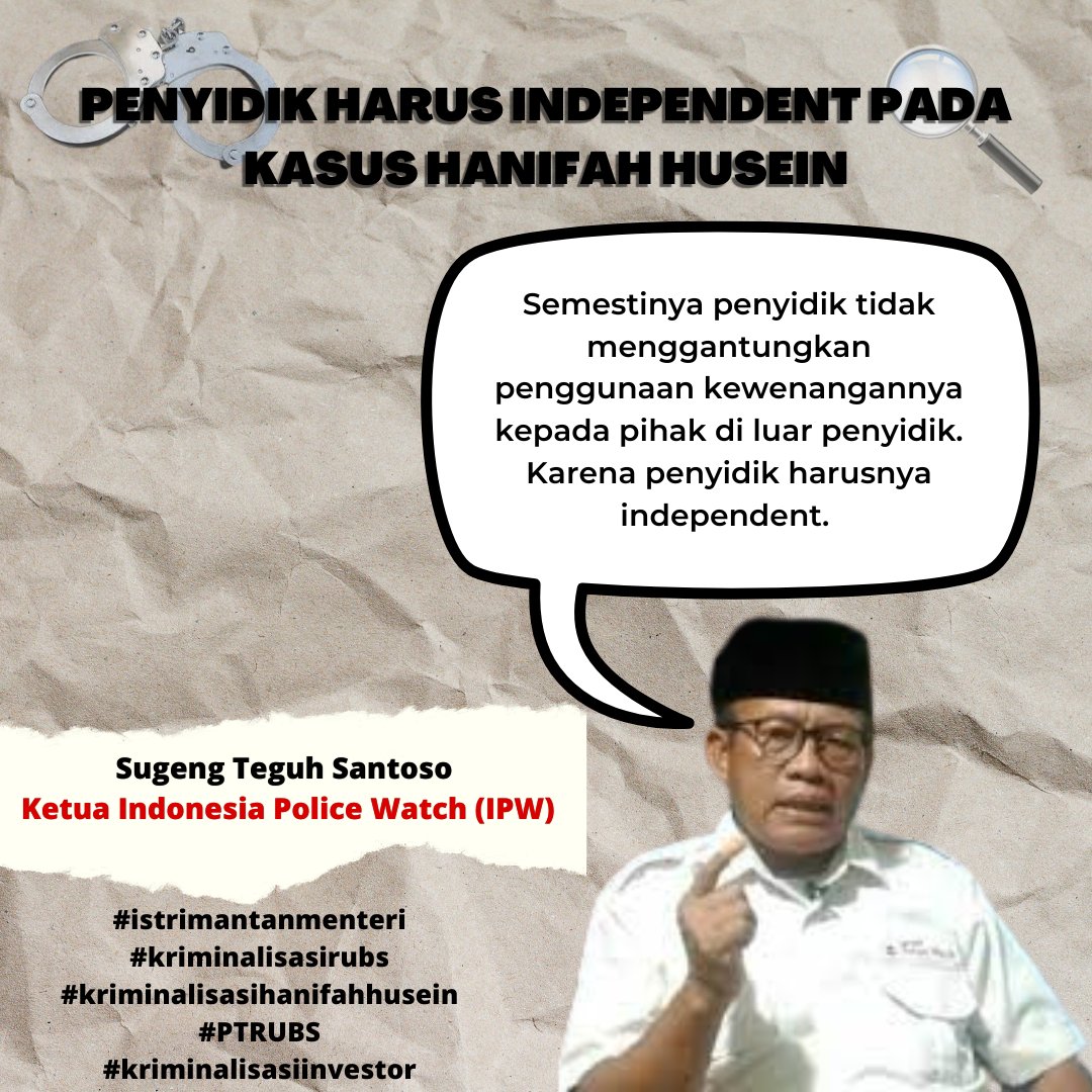 jeno_angelo's tweet photo. Penyidik harusnya Independen, bukan menggantungkan kewenagan terhadap di luar pihak penyidik
#istrimantanmenteri #kriminalisasiinvestor #HanifahHusein #ptrubs #bisma #paula #persebaya #prayforkanjuruhan https://t.co/PZvonApTTu