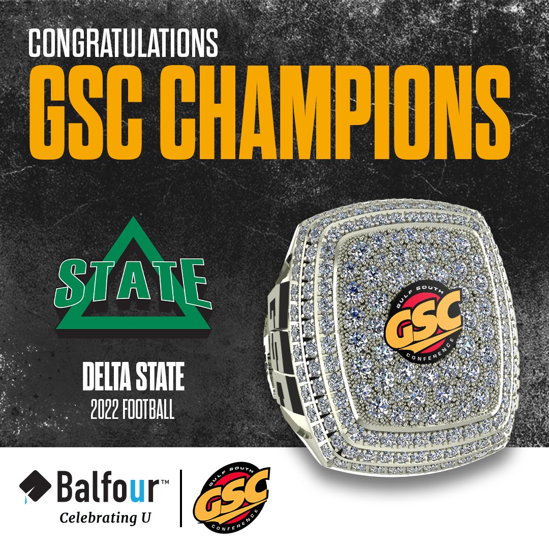 GulfSouth's tweet photo. Congratulations to the 2022 Gulf South Conference football co-champions, @DeltaStateFB and @UWFFootball!

The Statesmen and Argos finish tied at 6-1 in the GSC standings. It's the second consecutive conference title for UWF, and the first for DSU since 2014. https://t.co/pElctZN9Ya
