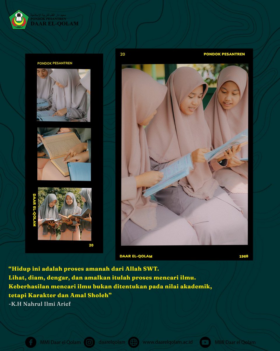 daarelqolam's tweet photo. "Hidup ini adalah proses amanah dari Allah SWT. Lihat, diam, dengar, dan amalkan itulah proses mencari ilmu. Keberhasilan mencari ilmu bukan ditentukan pada nilai akademik, tetapi Karakter dan Amal Sholeh"
-K.H Nahrul Ilmi Arief https://t.co/eJ8ozKDUqw