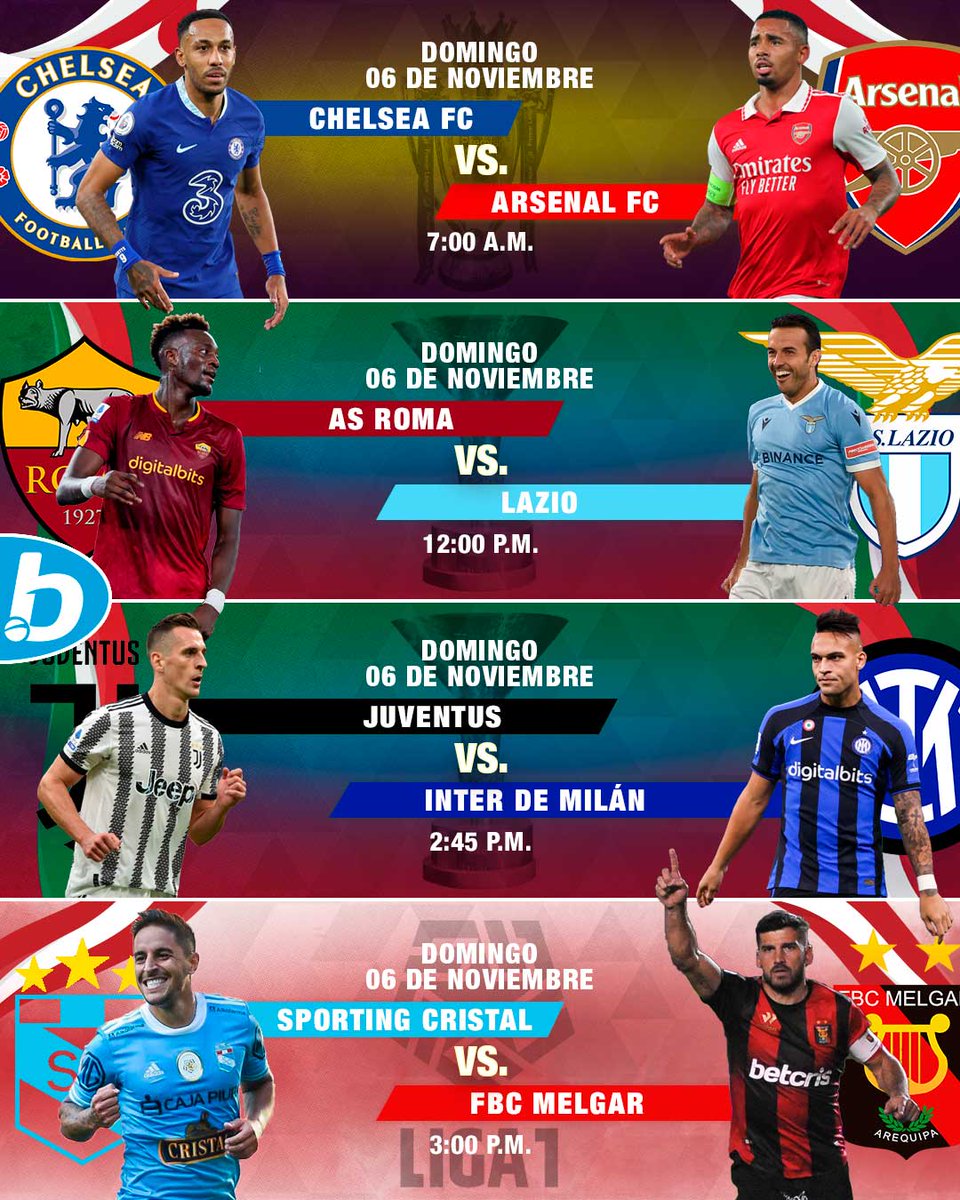 betcrisperu's tweet photo. ¡Los partidos destacados del 𝗦𝗨𝗣𝗘𝗥 𝗗𝗢𝗠𝗜𝗡𝗚𝗢 de fútbol! 🤗⚽
#DerbiDeLondres 🔥🏴
#DerbyDellaCapitale 🇮🇹
#DerbiDeItalia 🇮🇹
Sporting Cristal 🆚 @MelgarOficial ♥♠ https://t.co/q3bLq9raIP