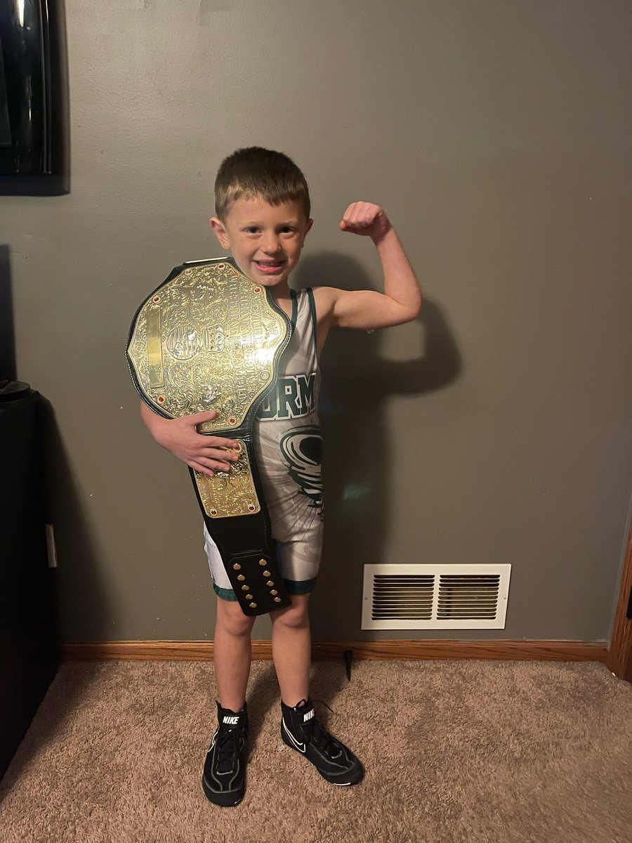 get_golden's tweet photo. After his first practice he asked if he could take a picture with the Big Belt ha! I wonder if this is how all my favorite wrestlers who wore it started? @WWE @RicFlairNatrBoy @TripleH @HulkHogan @Sting @IAmJericho https://t.co/6I0CTdUrU1