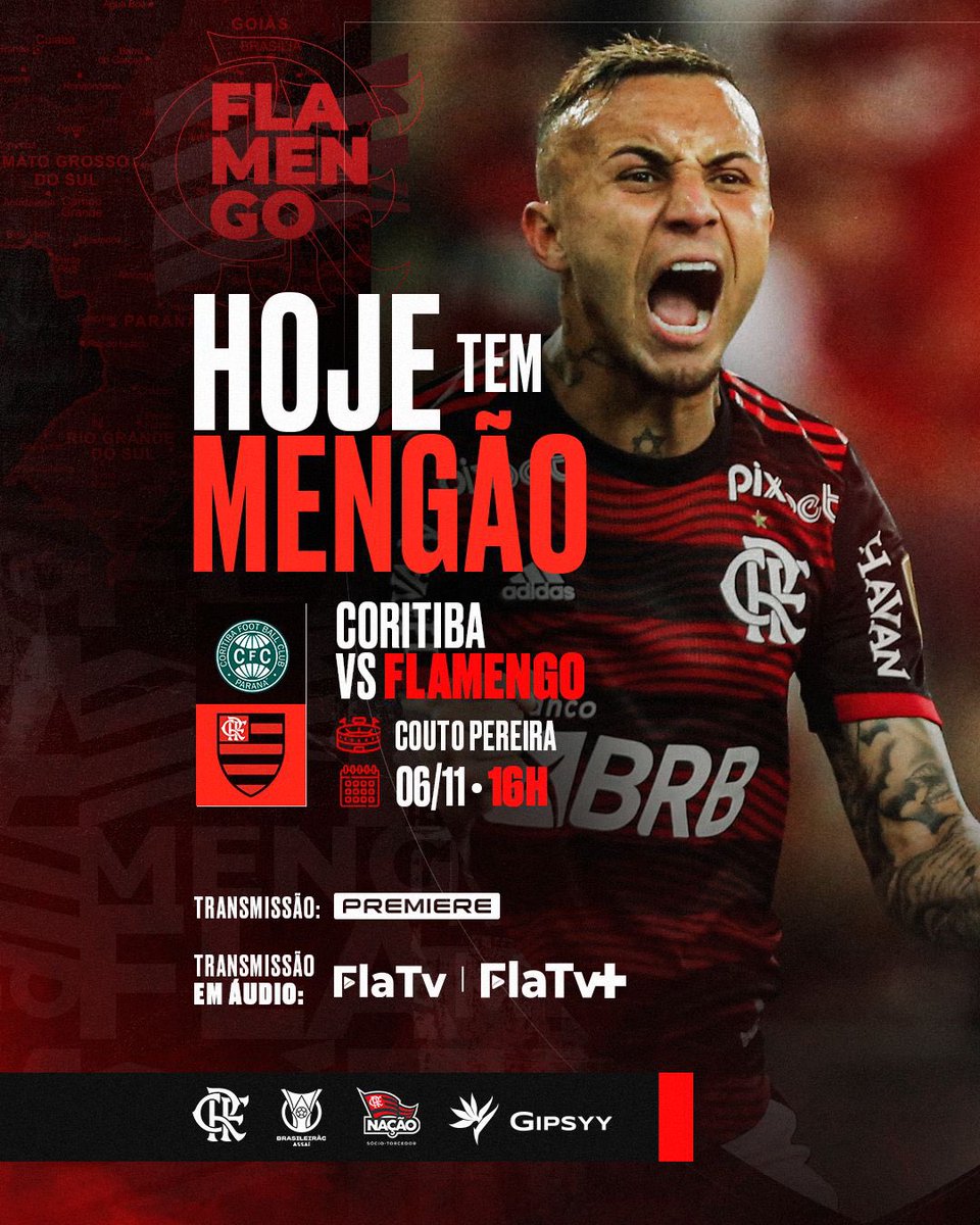 Flamengo's tweet photo. HOJE TEM MENGÃO NO BRASILEIRÃO! 

Às 16h, o Mais Querido enfrenta o Coritiba, fora de casa! Vamos com tudo em busca dos três pontos! 

#CFCxFLA #VamosFlamengo https://t.co/kP1jF9Ksir