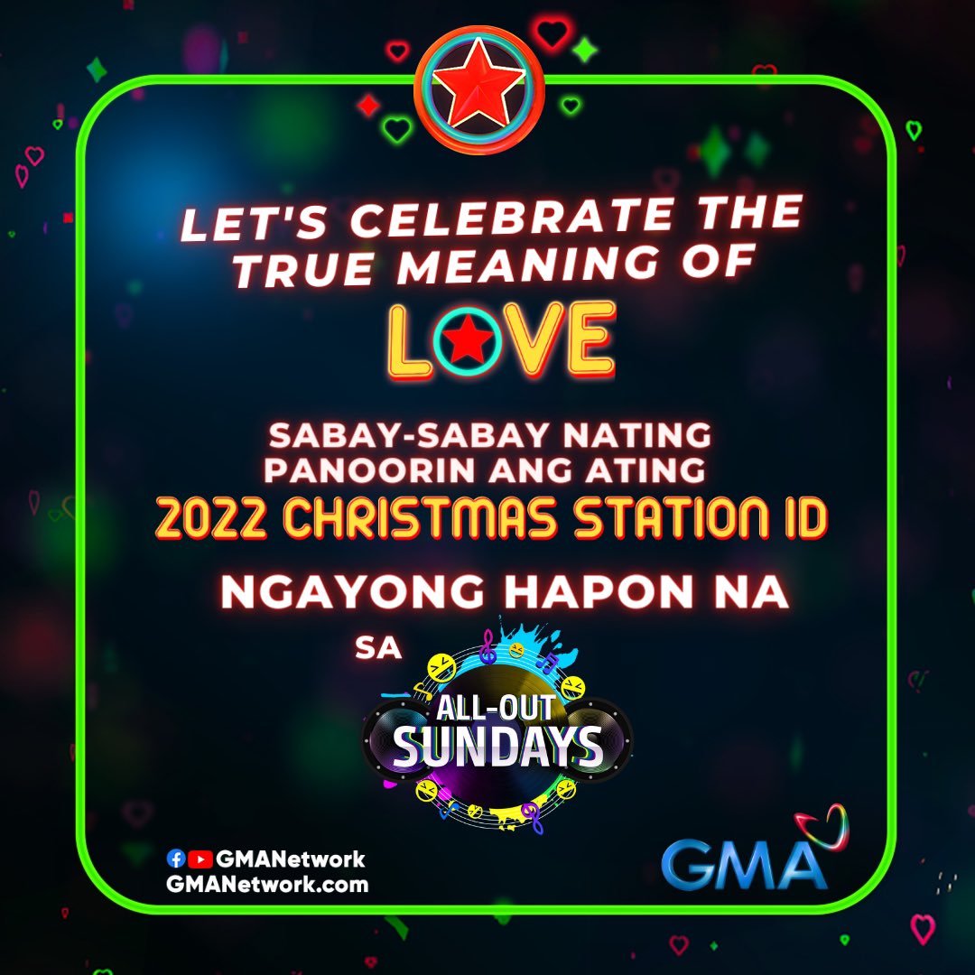 Excited ako... Excited kayo.. Excited tayong lahat.. 
This is it pansit!.
Sabay - sabay nating panooring ang ating Christmas Station ID mamaya sa All- Out Sundays.
#LoveisUsThisChristmas
GMA ChristmasStation ID2022