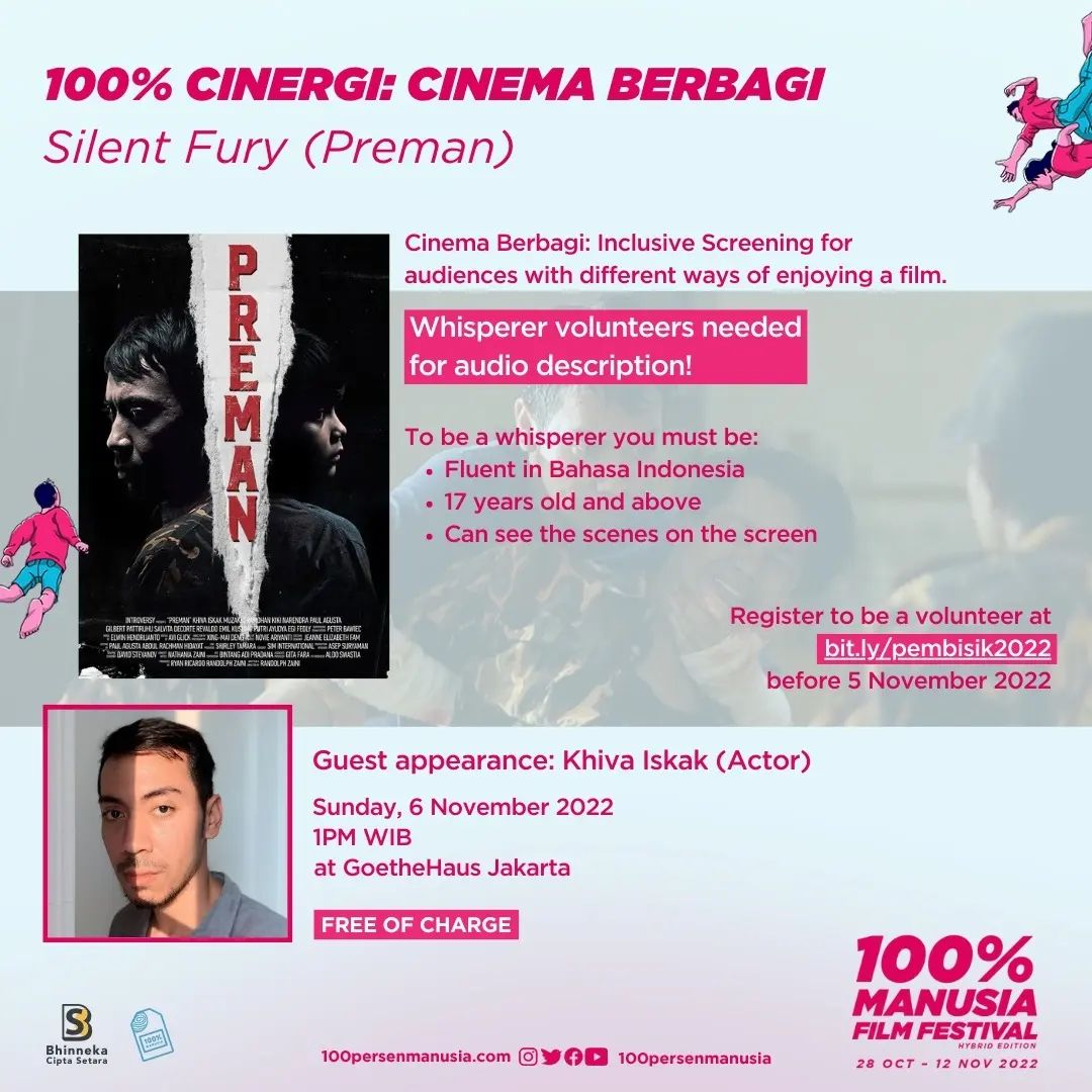 100prsenmanusia's tweet photo. (06/11) #100PMFF2022 LAST DAY IN JAKARTA! π¬π₯³
You can still watch some offline films and catch some fringe events today at several venues!
Khiva Iskak will attend 100% Cinergi: Cinema Berbagi today at @GI_Indonesien at 1PM for the film Silent Fury (PREMAN), https://t.co/dM5H23dv84