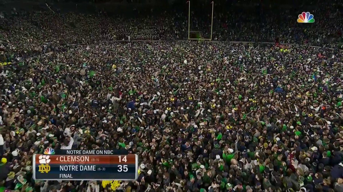 NDonNBC's tweet photo. An ELECTRIC atmosphere at Notre Dame Stadium as the Fighting Irish faithful erupt onto the field! 💥 https://t.co/VLhrV4GxPr