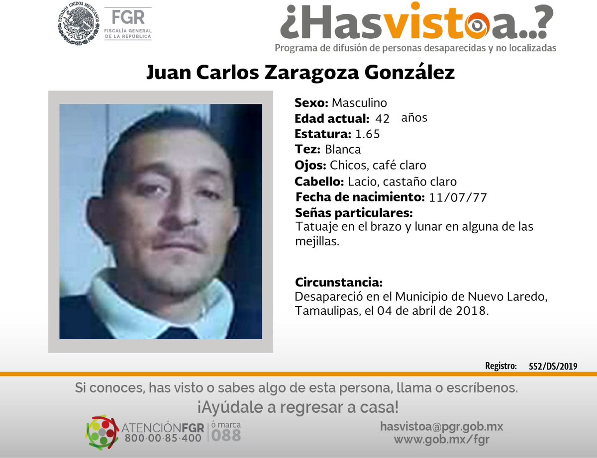 📢 Personas Desaparecidas📢
 ¡Tu colaboración es importante! 

Si conoces o #HasVisto a esta persona, llama al 800 00 85 400 o escribe al correo hasvistoa@fgr.org.mx