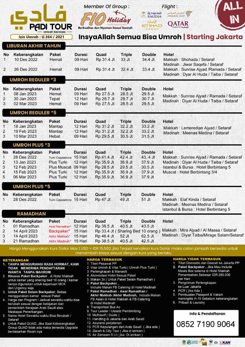 Umroh 2023 Bulan Januari, Februari dan Maret sudah bisa tuk daftar ... yuk mari

#umroh #umrah #padi #paditour #paditravel #fio #fioholiday #umrohjanuari #umrohfebruari #umrohmaret #umrohmurah