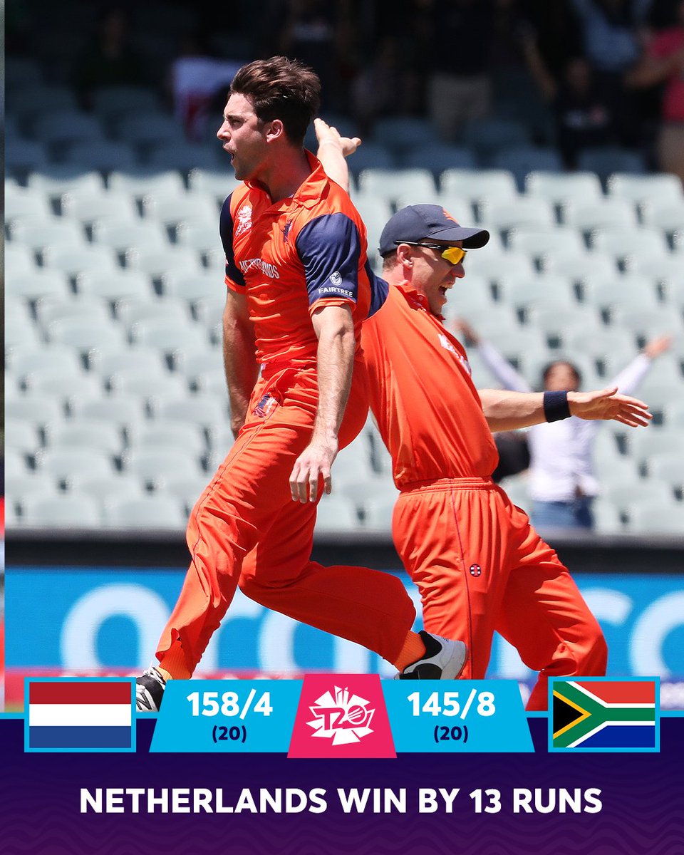WHAT A WIN! 🤩

Netherlands defeat South Africa in their final Group 2 match of #T20WorldCup

#SAvNED |📝: bit.ly/3WsPfYB