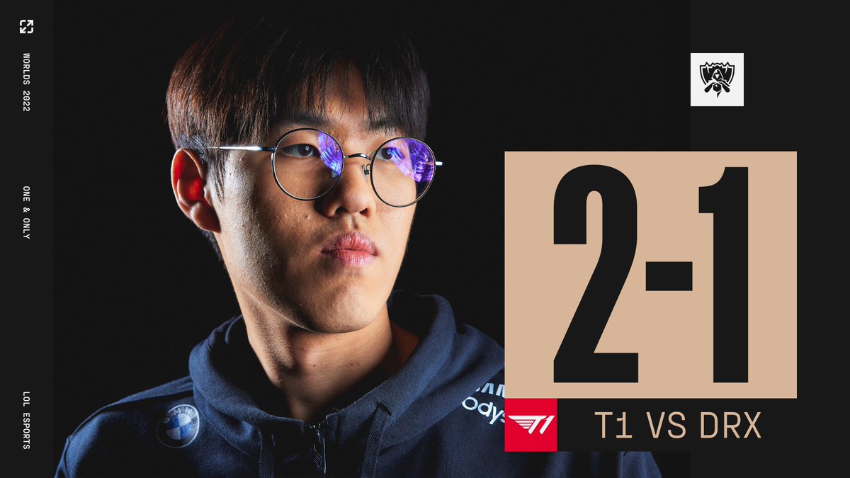 lolesports's tweet photo. One win away from the #Worlds2022 title:

@T1LoL take game 3 against @DRXGlobal! https://t.co/33li4AMduu