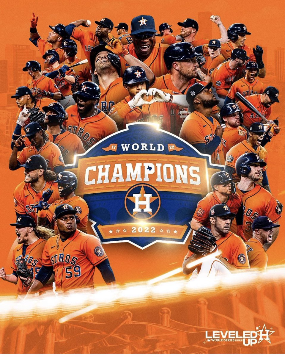 VisitHouston's tweet photo. WINNERS WIN! 😆🙌🧡💙 The @astros are 2022 World Champions! Let’s go H-Town! 🤘#LevelUp #WorldSeries 
📸 @astrosbaseball https://t.co/KrSsxtb0ho