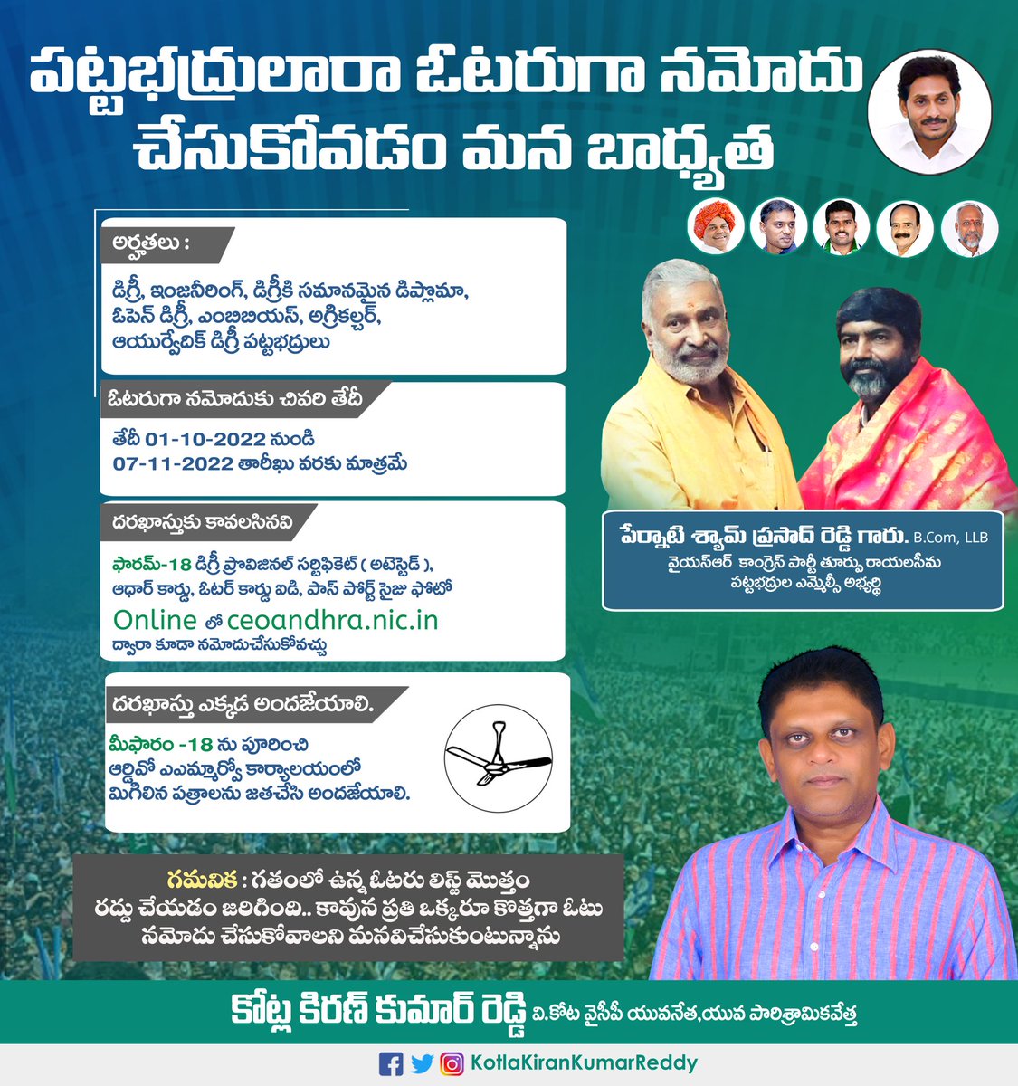 kotlakiranofc's tweet photo. గ్రాడ్యుయేట్ ఓటరు నమోదు ప్రక్రియ ప్రారంభమయింది .అర్హులైన వారందరూ వెంటనే నమోదు చేసుకోగలరు.
#Vkota #Kongatam #KiranFoundation #KotlaKiranKumarReddy #VoteForFan #PernatiSyamPrasadReddy #MLCElection2022 #YSRCP https://t.co/sHCDxmoIOF
