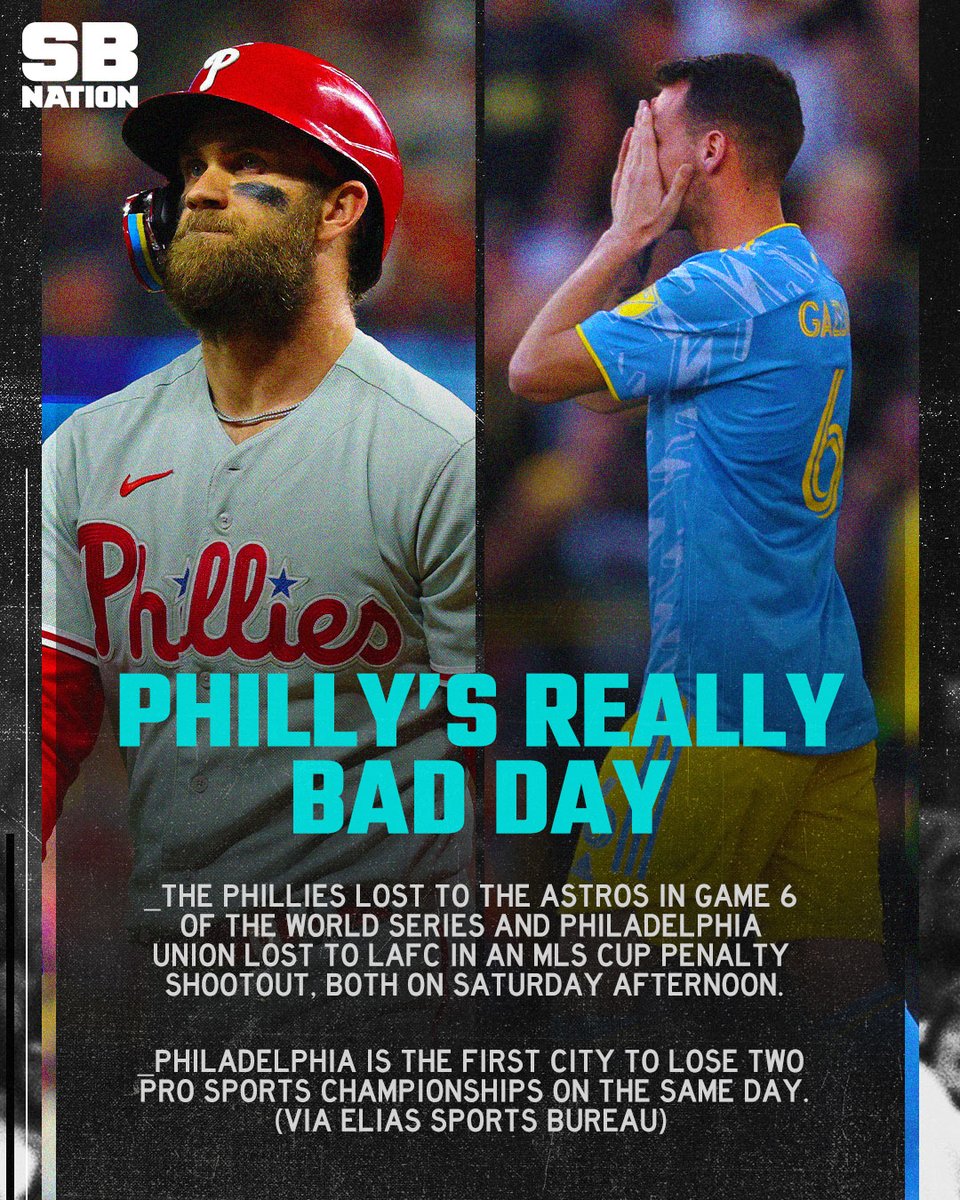 SBNation's tweet photo. Hug your Philadelphia friends today. 

The city of brotherly love is the first city ever to lose two pro sports championships on the same day. https://t.co/jMqUGDkqiQ