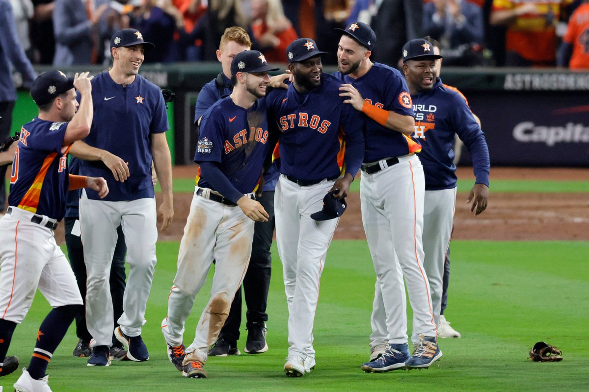 CBSSports's tweet photo. ASTROS FACTORY

Gerrit Cole and Charlie Morton depart.
Framber Valdez, Cristian Javier, and Luis Garcia arrive.

Carlos Beltran and Evan Gattis out.
Yordan Alvarez is in.

George Springer leaves.
Kyle Tucker and Chas McCormick step up.

Carlos Correa walks.
Here’s Jeremy Peña. https://t.co/UlO060ANcw