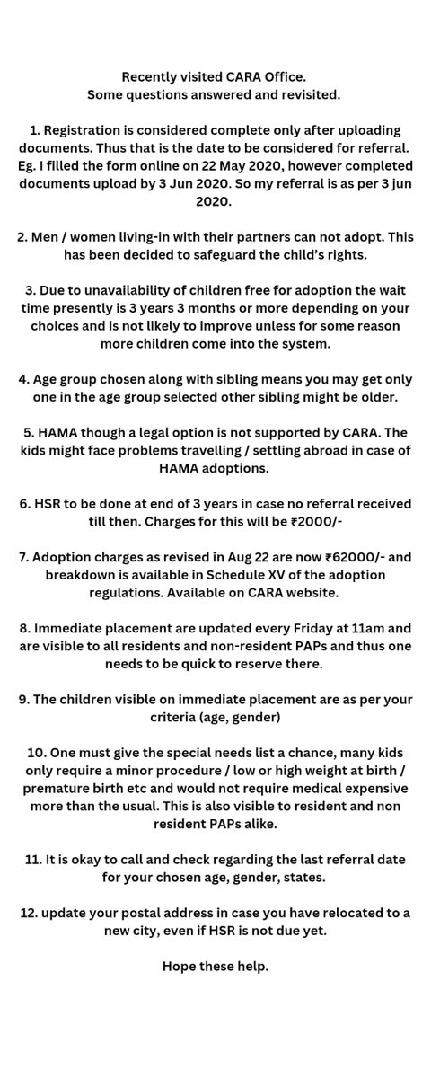 AdoptionAction's tweet photo. #ATTENTION PaPs. A list of most sought after answers for parents waiting referrals from #CARA 👇🏽#AdoptionInIndia #Adoption #AdoptiveParents #FAQs #India https://t.co/4pG34HqAE7
