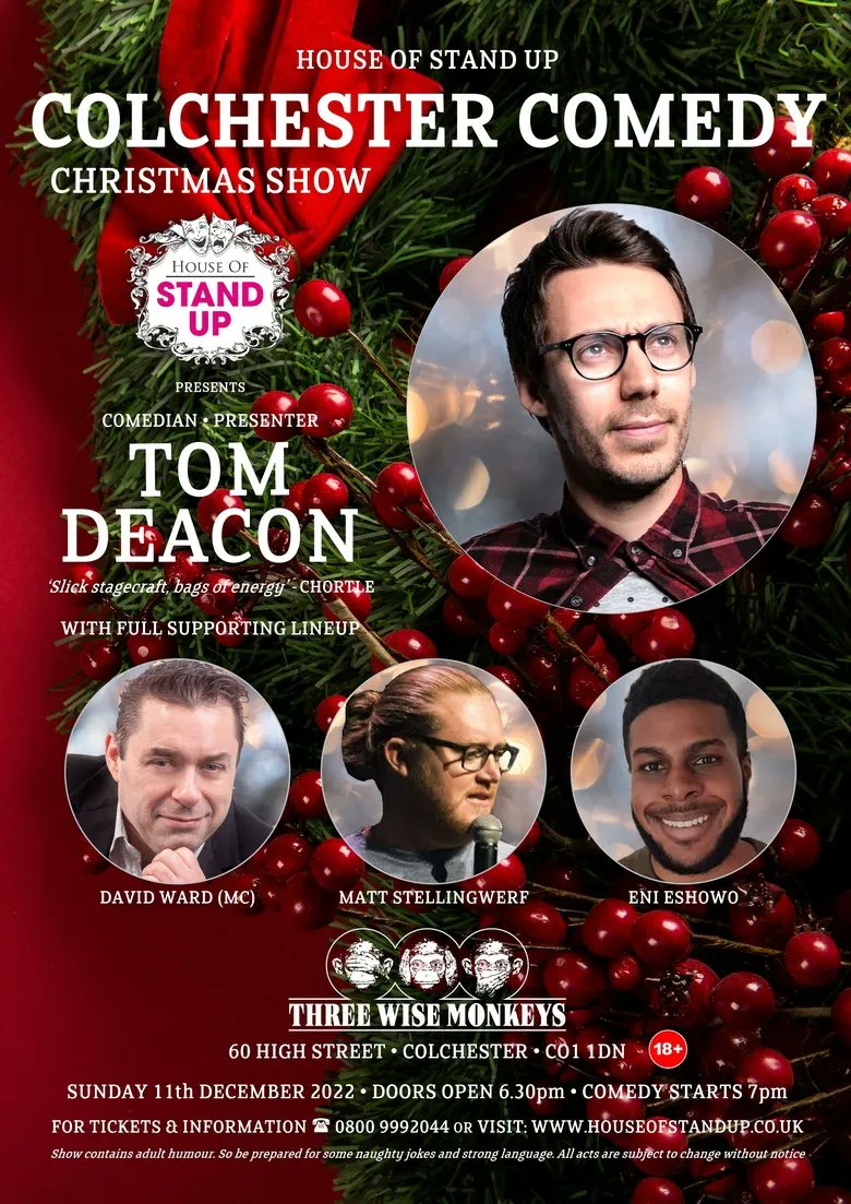 JokePit Your Comedy Event Team (@promotecomedy) on Twitter photo COLCHESTER COMEDY CHRISTMAS SHOW
Sun 11th Dec 7pm
<a href="/TWM_Colchester/">Three Wise Monkeys Colchester</a> #Colchester #UKcomedy
<a href="/HouseofStandUp/">House of Stand Up</a>
LINE-UP:
<a href="/TomHDeacon/">Tom Deacon</a>
<a href="/M_Stellingwerf/">Matt Stellingwerf</a>
David Ward (MC)
Eni Eshowo
🔥COMEDY TICKETS & INFO🎟
jokepit.com/comedy-in/colc…
#JOKEPIT THE BEST⭐️⭐️⭐️⭐️⭐INDEPENDENT COMEDY CLUBS COLCHESTER COMEDY CHRISTMAS SHOW
Sun 11th Dec 7pm
<a href="/TWM_Colchester/">Three Wise Monkeys Colchester</a> #Colchester #UKcomedy
<a href="/HouseofStandUp/">House of Stand Up</a>
LINE-UP:
<a href="/TomHDeacon/">Tom Deacon</a>
<a href="/M_Stellingwerf/">Matt Stellingwerf</a>
David Ward (MC)
Eni Eshowo
🔥COMEDY TICKETS & INFO🎟
jokepit.com/comedy-in/colc…
#JOKEPIT THE BEST⭐️⭐️⭐️⭐️⭐INDEPENDENT COMEDY CLUBS