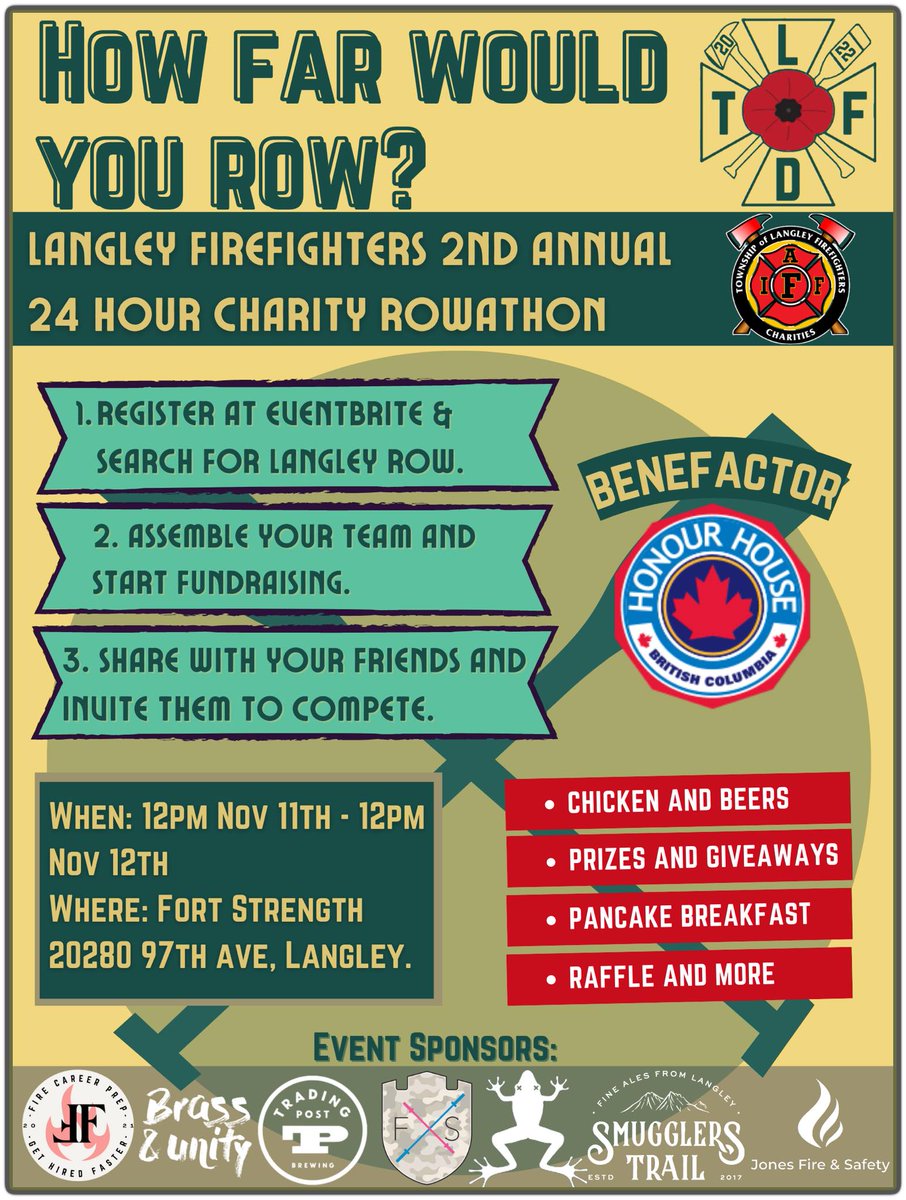 Join us on 11 Nov for the 2nd annual 
<a href="/TLFCS/">Township of Langley Firefighters’ Charities</a> 24-Hour Rowathon in support of 
<a href="/honourhouse/">Honour House</a>
 
Uniformed &amp; civilian rowers will be taking it in shifts to row for 24hrs, non-stop!

To donate: gofundme.com/f/township-of-…

Take part: eventbrite.com/e/township-of-…
