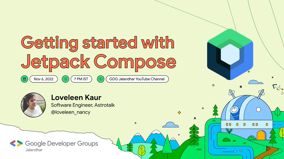 GDGJalandhar's tweet photo. 2/n

📚🖥️ Learn the ins and outs of Jetpack Compose in the world of new Android development with @loveleen_nancy

Join her to learn about #JetpackCompose for building modern apps with #Android

🗓️ Nov 6, 2022 
🕖 7:00 PM IST
🔗 https://t.co/sX9xn2t0Oy

#GDGJalandhar #WTMJalandhar https://t.co/QwrHy6F6PL