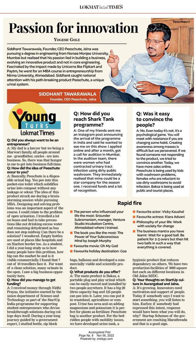 Sidhhant Tawarawala in #LokmatTimes #YoungTurks . Interesting tale of #Innovation & #Entrepreneurship