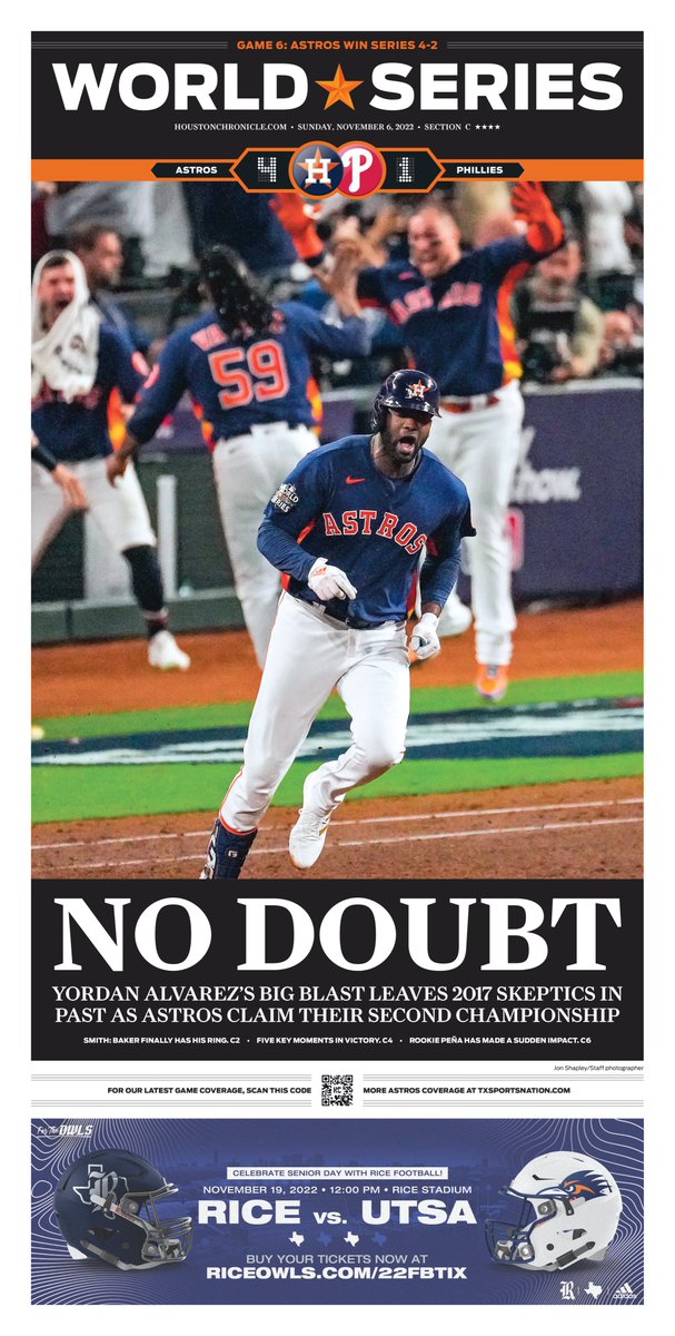 No doubt: Yordan Alvarez answers with big blast to lift #Astros to second #WorldSeries championship. Sunday's <a href="/HoustonChron/">Houston Chronicle</a> Game 6 cover. <a href="/jonjshapley/">Jon Shapley</a> photo.