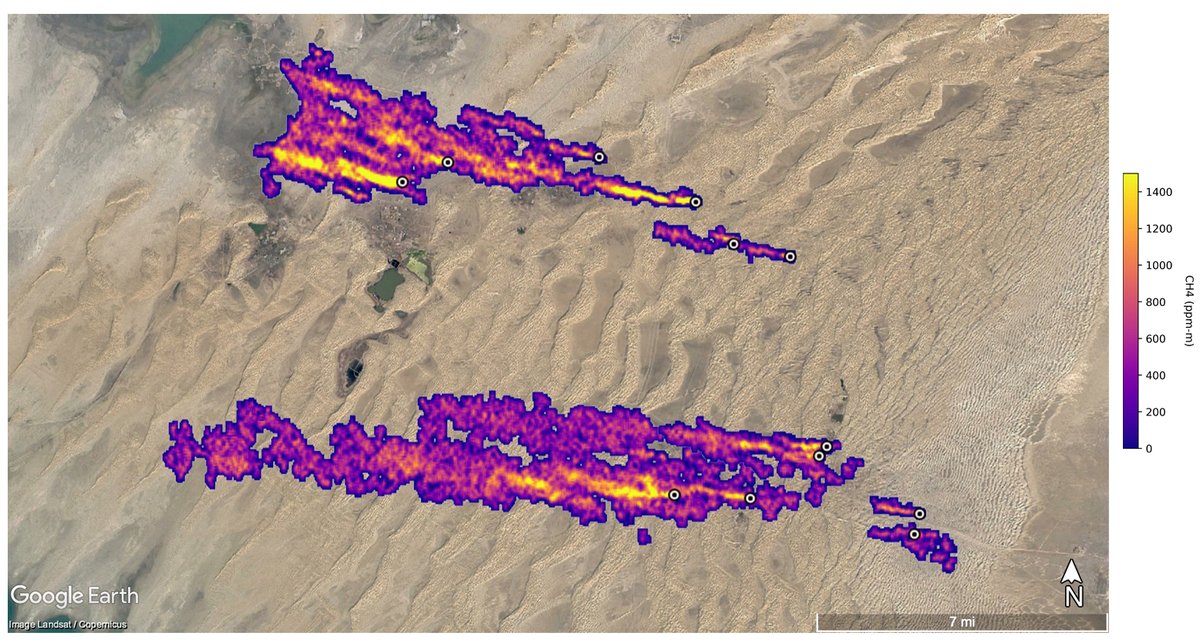 The new EMIT detector aboard the Space Station is providing the clearest look at methane "super-emitters," like these oil fields in New Mexico (left) and Turkmenistan. Together they pour out nearly 70,000 kilograms of methane per hour. earth.jpl.nasa.gov/emit/news/23/m…