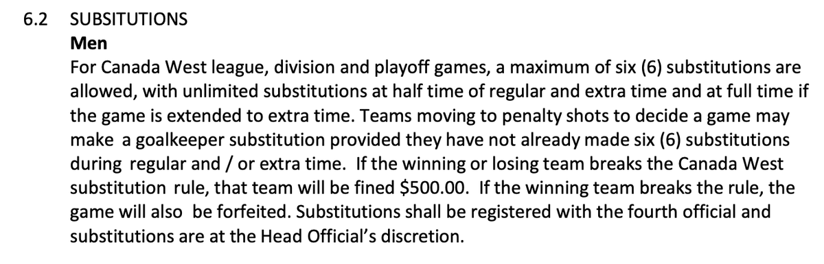 BenSteiner00's tweet photo. U SPORTS MSOC: It looks like the Calgary Dinos used an unallowed substitution opportunity in their CW semifinal win over MRU. 

7 sub opportunities, all outside of the unlimited sub-windows described in the CW playing regulations. 

However, the 7th sub was due to injury. https://t.co/gfNqGR62xO