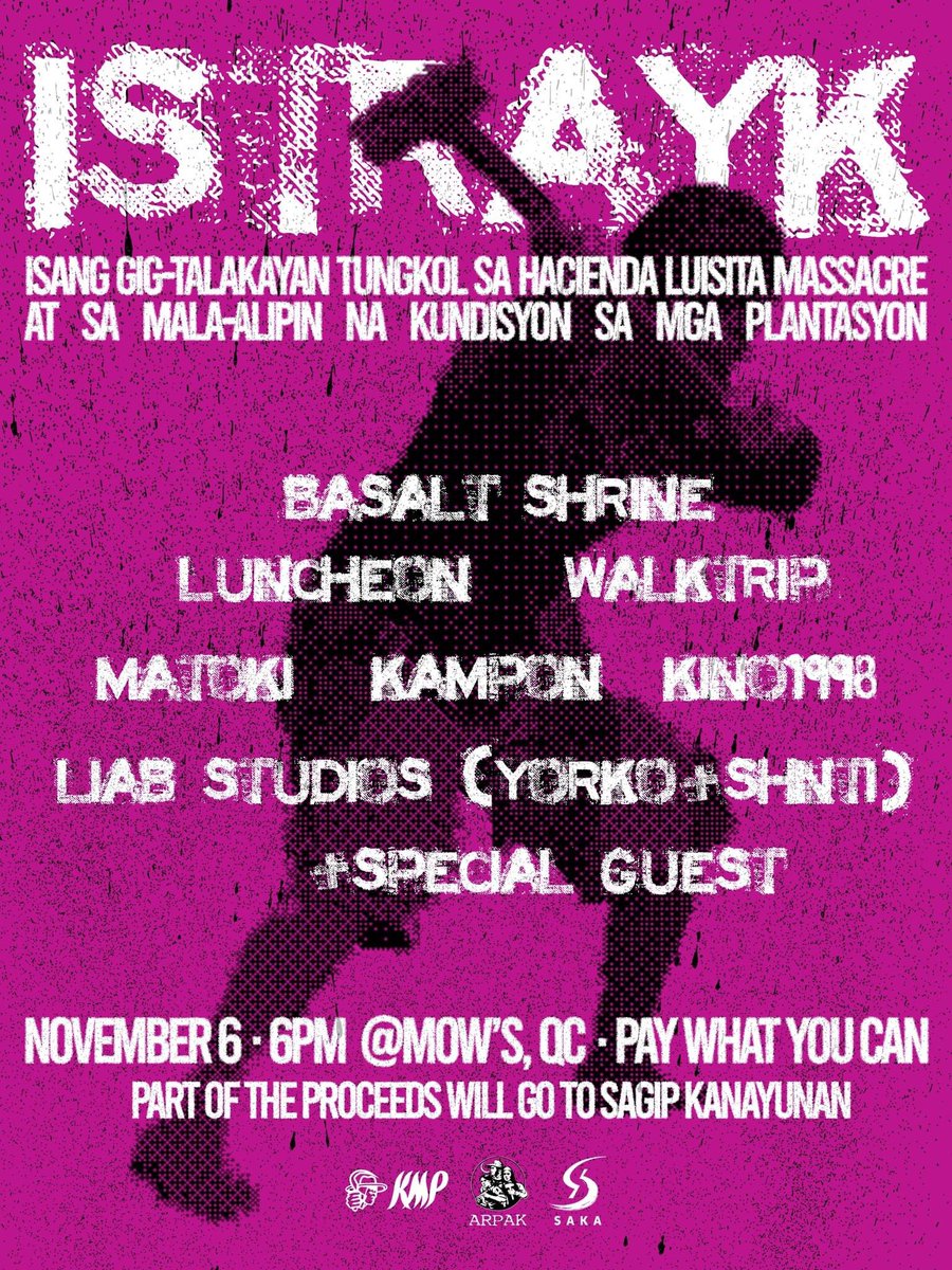 liabstudios's tweet photo. Samahan sina @ohnoshnti, @yorkoism, at iba pang mga banda sa Mow’s QC mamayang 6:00 nang gabi para sa isang fundraising gig para sa mga magsasaka, manggagawang agrikultural, &amp; mangingisda na nasalanta ng bagyong #PaengPH.

Entrance is pay what you can.
#JusticeForHaciendaLuisita https://t.co/vtrip6Wa5T