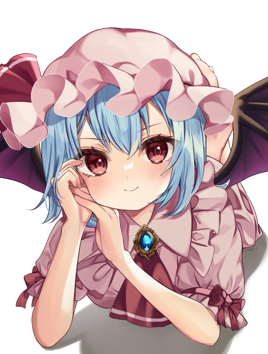 remilia scarlet 1girl solo hat wings mob cap smile white background  illustration images