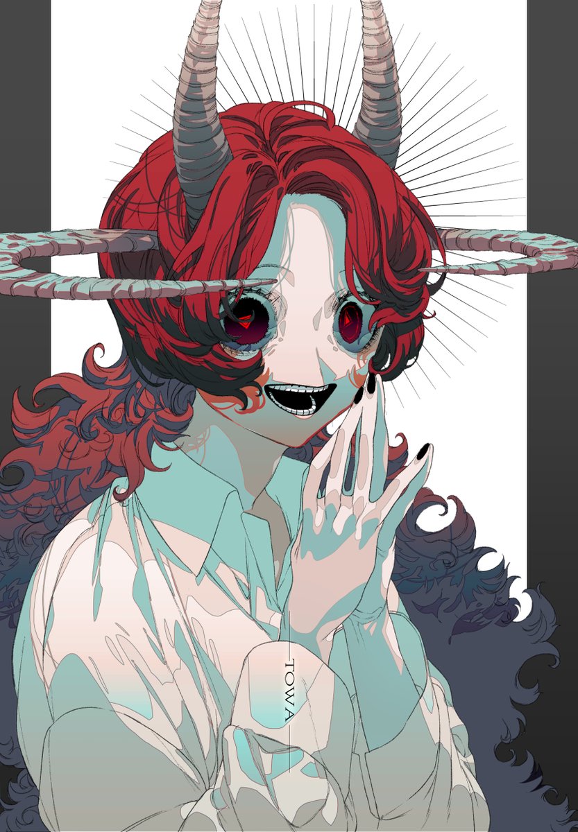 horns solo red hair shirt long hair white shirt red eyes  illustration images