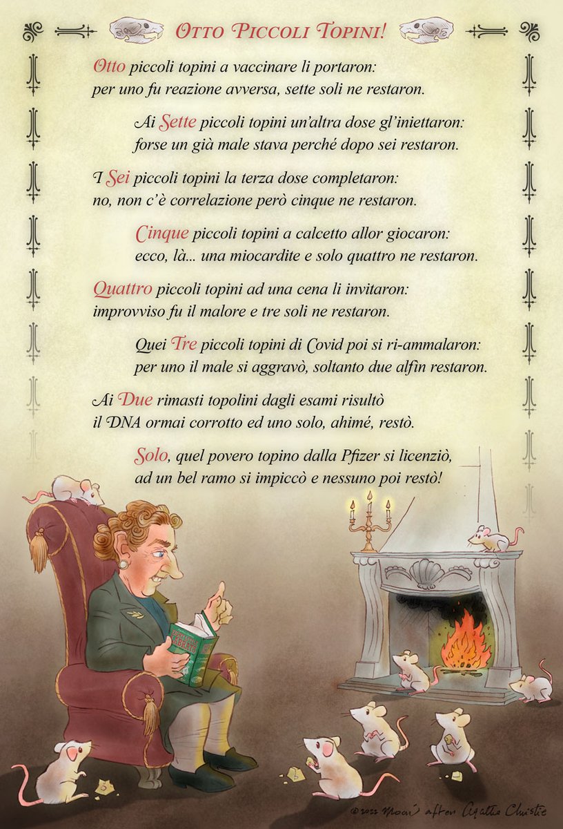 AlterMoai's tweet photo. @QLexPipiens @repubblica #AgathaChristie racconta: 📚 #TenLittleIndians / #EightMice
... e poi non rimase nessuno!
#Pfizer #pfizerlied #PfizerGate #EMA #NoVaccineMandates #cartoons https://t.co/Yw4wh3aQzu