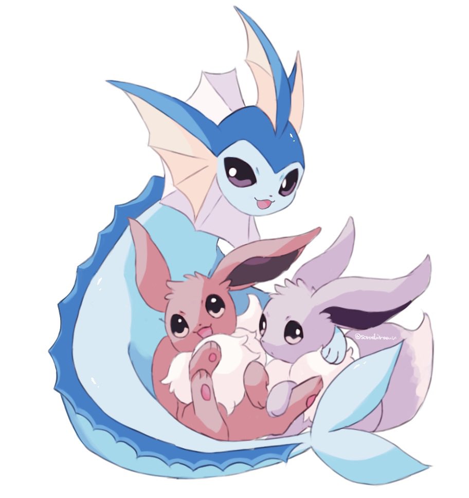 eevee ,vaporeon pokemon (creature) no humans open mouth smile white background :d simple background  illustration images