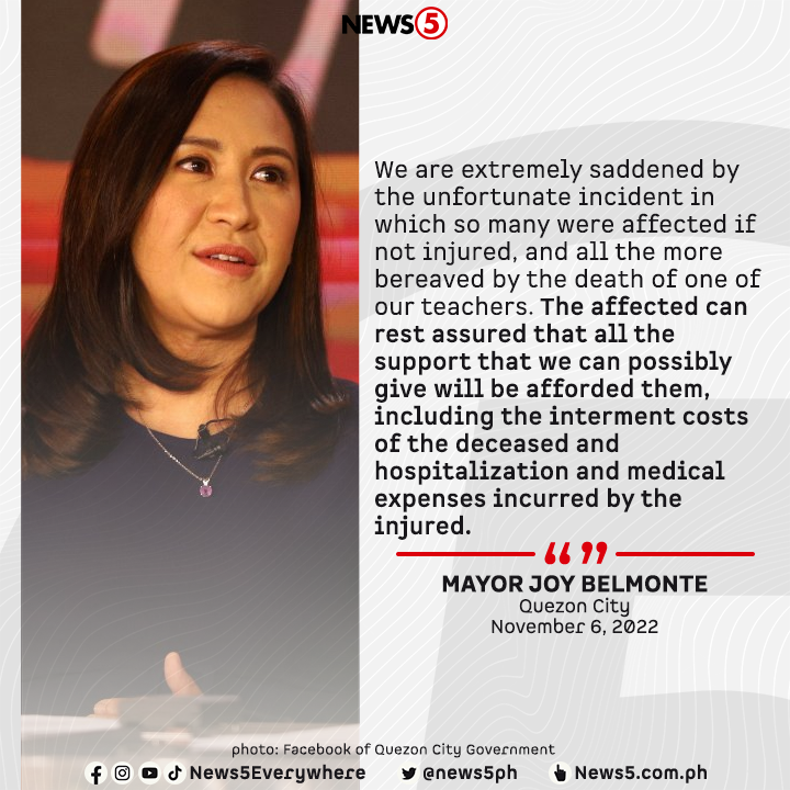 TV5NewsPH's tweet photo. Ikinalungkot ni Quezon City Mayor Joy Belmonte ang aksidenteng nangyari sa grupo ng mga guro na pumunta sa training activity sa Bataan, kung saan isang teacher ang nasawi. Nahulog kasi sa bangin ang sinasakyan nilang bus nitong Sabado, Nov. 5. #News5 | via Gio Robles https://t.co/i2xEEf6KIB