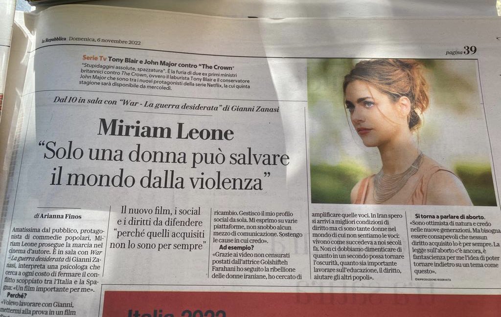 Oggi su <a href="/repubblica/">Repubblica</a> la bella intervista di <a href="/AriannaFinos/">Arianna Finos</a> a Miriam Leone. 

Si parla del film #WarLaguerradesiderata, di donne, di diritti e Iran. 

#MustRead