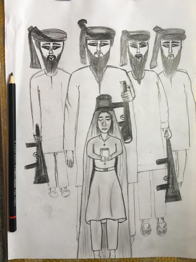 Dibujo de un niño afgano en #Pakistan
"Esta imagen muestra la violencia de los talibanes sobre las adolescentes afganas, lo que se puede ver en la imagen es una niña que sostiene un libro, pero los talibanes la cubrieron a la fuerza con un burka y no la dejaron ir a la escuela"