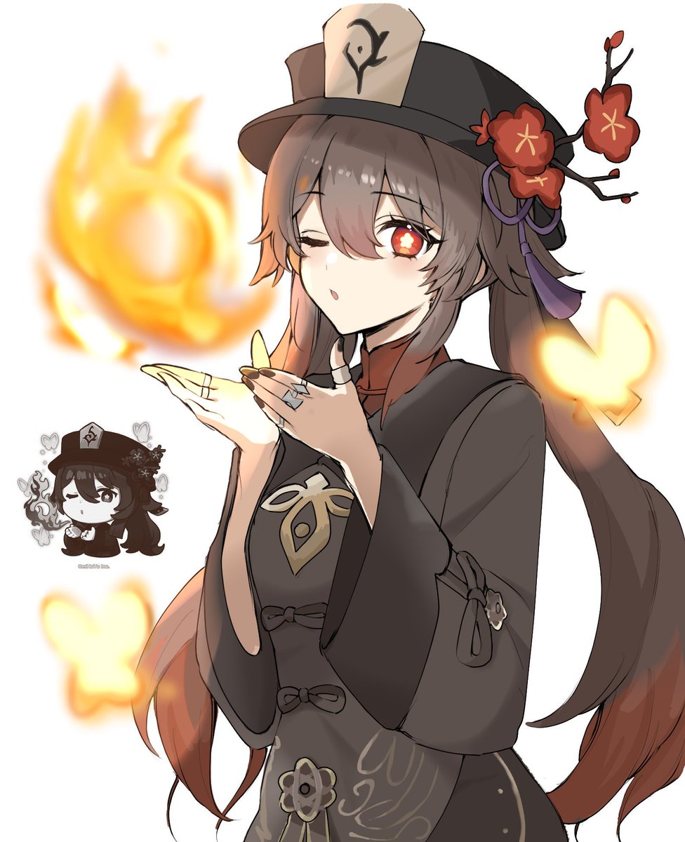 hu tao (genshin impact) 1girl one eye closed hat jewelry brown hair ring flower  illustration images