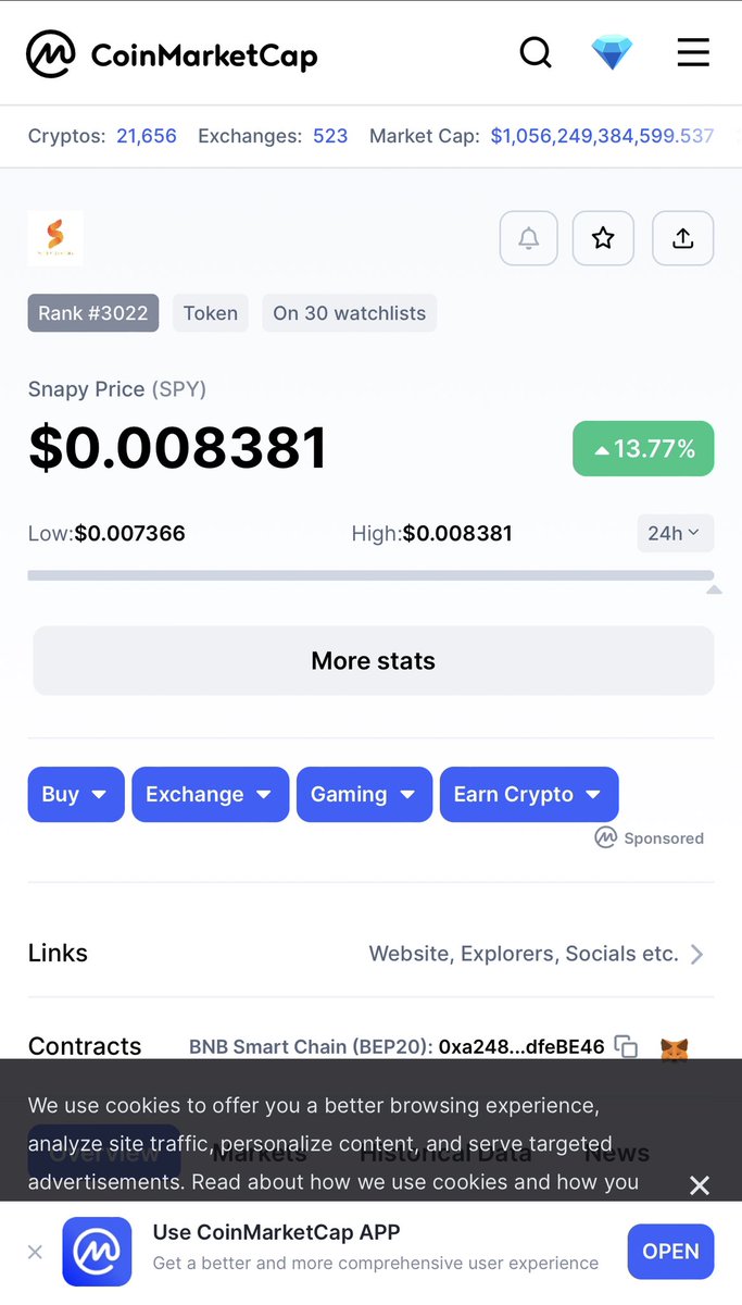 Greetings #SPY Community 📸

We are excited to announce that #SPY is live on <a href="/CoinMarketCap/">CoinMarketCap</a>

📍CMC: coinmarketcap.com/currencies/sna…

We are looking forward to soon releasing many more exciting news 📸

📍Join #SPY Community: t.me/snapyportal

#SPY #SnapToEarn #CMC #Apps #BNB