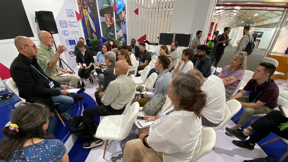 BertDeWel's tweet photo. First meeting of the #TradeUnion delegation at #COP27 in the @ilo #JustTransition Pavilion. More delegates are coming!🧑‍🏭👷🏿👩🏻‍🏭
We are ready to speak up for climate policies that deliver the 1.5°C objective ensured by #JustTransition with #SocialDialogue, #LabourRights #DecentWork. https://t.co/lD6qE4aelq