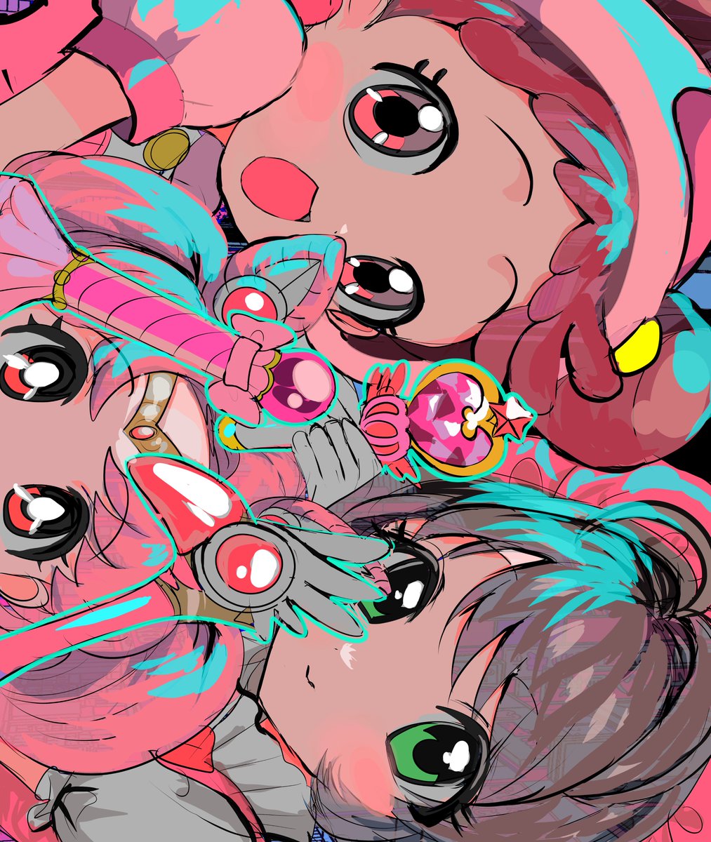 kinomoto sakura multiple girls green eyes pink hair 3girls wand brown hair magical girl  illustration images