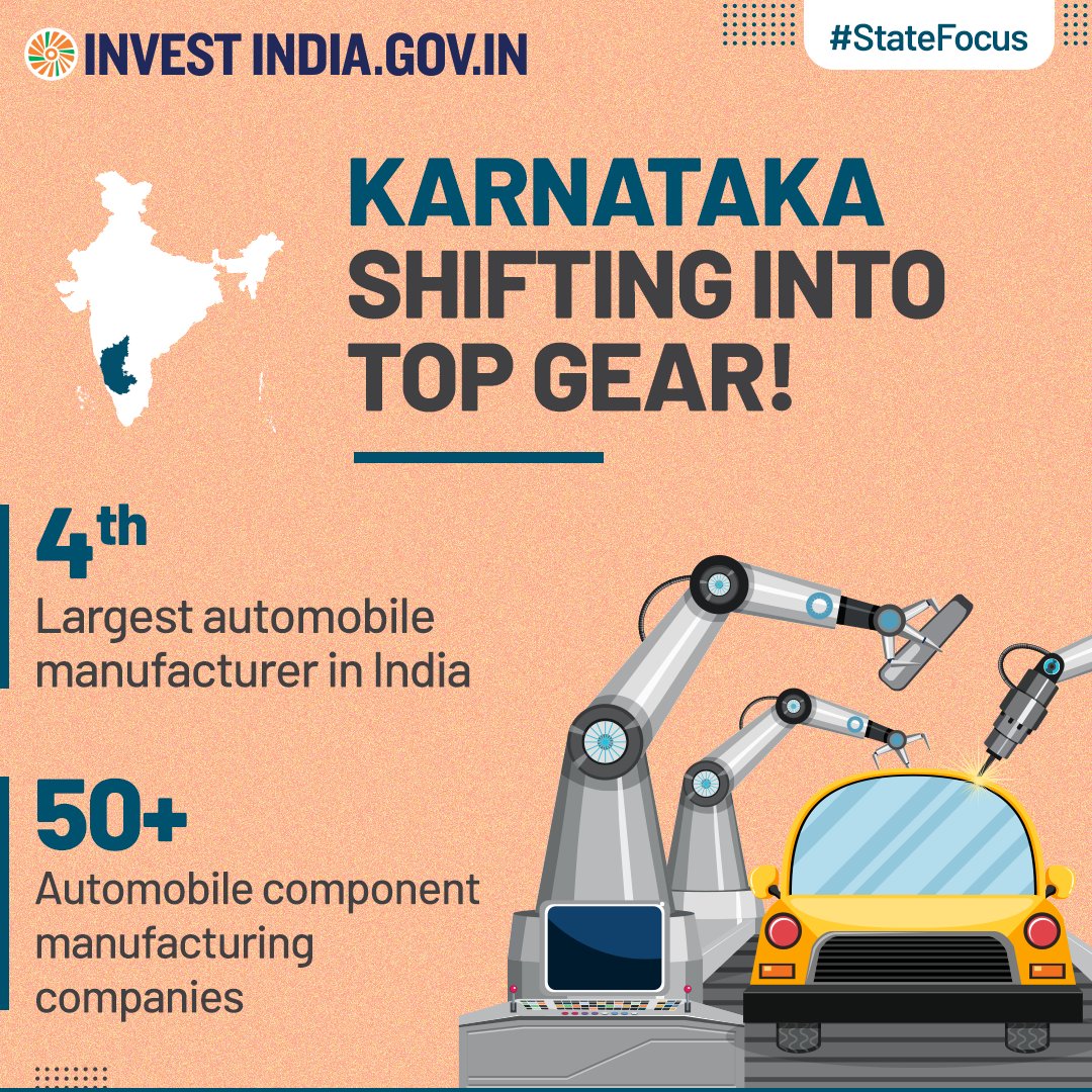 #StateFocus Karnataka is home to 5 auto clusters at Hoskote, Bidadi Hubballi-Dharwad, Shivamogga & Belgaum. Explore more opportunities in the state at: bit.ly/II-Karnataka #InvestinIndia #InvestIndia #InvestInKarnataka @CMofKarnataka @BSBommai