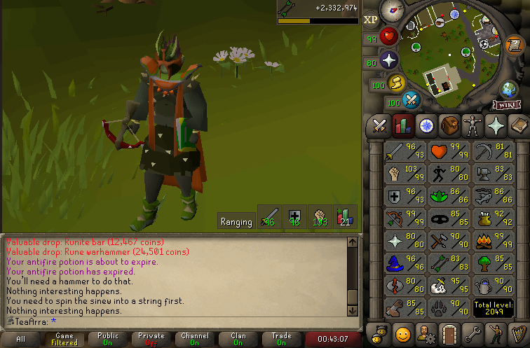TeaArra's tweet photo. It's been a while since my last update but I haven't played as much. However, I am back on the grind now! I've got a couple more combat 99s (super happy with 99 str), got an early lance, took that to get a dragon cbow, and now my current goal is 99 con! Hope everyone is well😁 https://t.co/HxuyrMPU1y