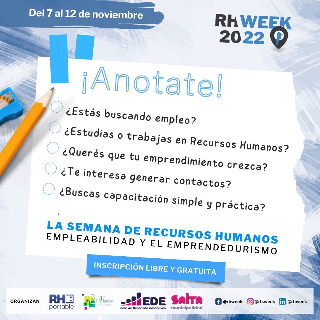 DesarrolloSalta's tweet photo. SEGUIMOS CAPACITANDO
📚La Municipalidad invita a emprendedores al evento de Recursos Humanos y Empleabilidad
👉🏻 Se trata del #RHWeek, un evento colaborativo y gratuito
del 7 al 12 de noviembre.
Es online
👇 https://t.co/g7daIw7q0g https://t.co/k7GyfmIajy