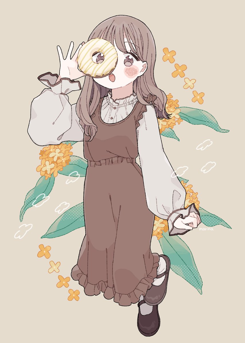 1girl solo food dress long sleeves flower brown hair  illustration images