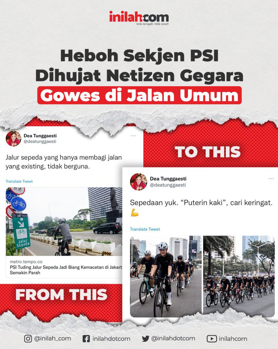 Sekretaris Jenderal DPP PSI, Dea Tunggaesti dihujat netizen usai unggahan fotonya di Twitter ketika bersepeda bersama rombongannya. 

Dalam foto tersebut terlihat rombongan sepeda menggunakan akses jalan umum yang berbarengan dengan pengguna kendaraan bermotor lainnya.