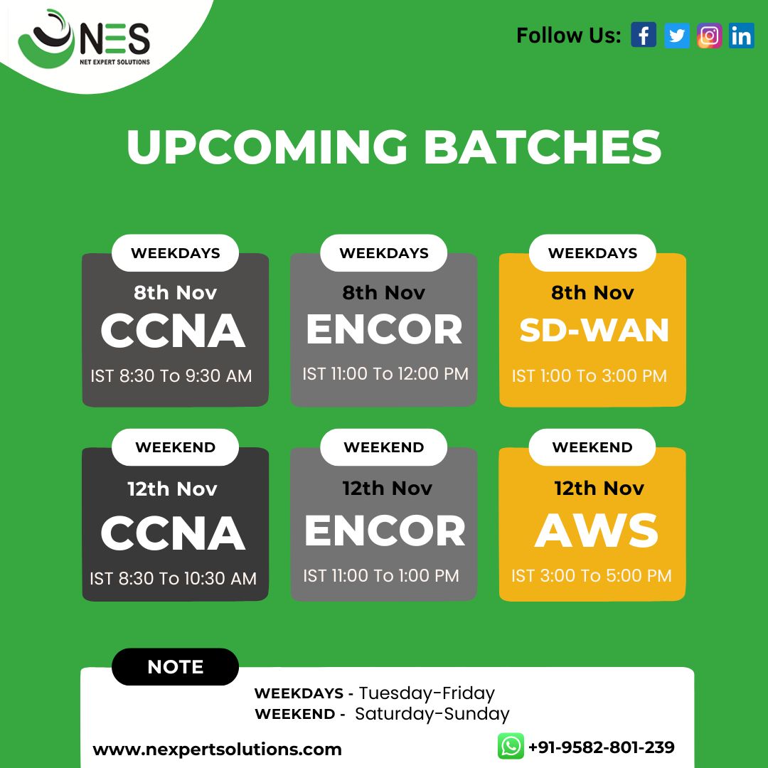 NESnetworking's tweet photo. #UPCOMING BATCHES 
Enroll now to grow your career &amp; visit us @ https://t.co/C8ub70ecFa
To know more:
Contact us : +91-9582-801-239
Email: info@nexpertsolutions.com
.
.
.
.
 #cisco #ccna #ccnp #Cisco  #networking #SDWAN #bestinstituteinnoida #AWS #cloud #Bestnetworkinginstitute https://t.co/rq4EYpfouF