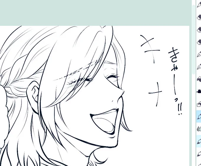 【原稿進捗】
きゃーっ💕な👑さん…
も少し手直ししないと…

あ、余談ですが普段の主線はGペンなんですが、アップの顔や線に強弱つけたい時はツヤベタペンを使ってます。絵に立体感が出るような気がして…☺️ 