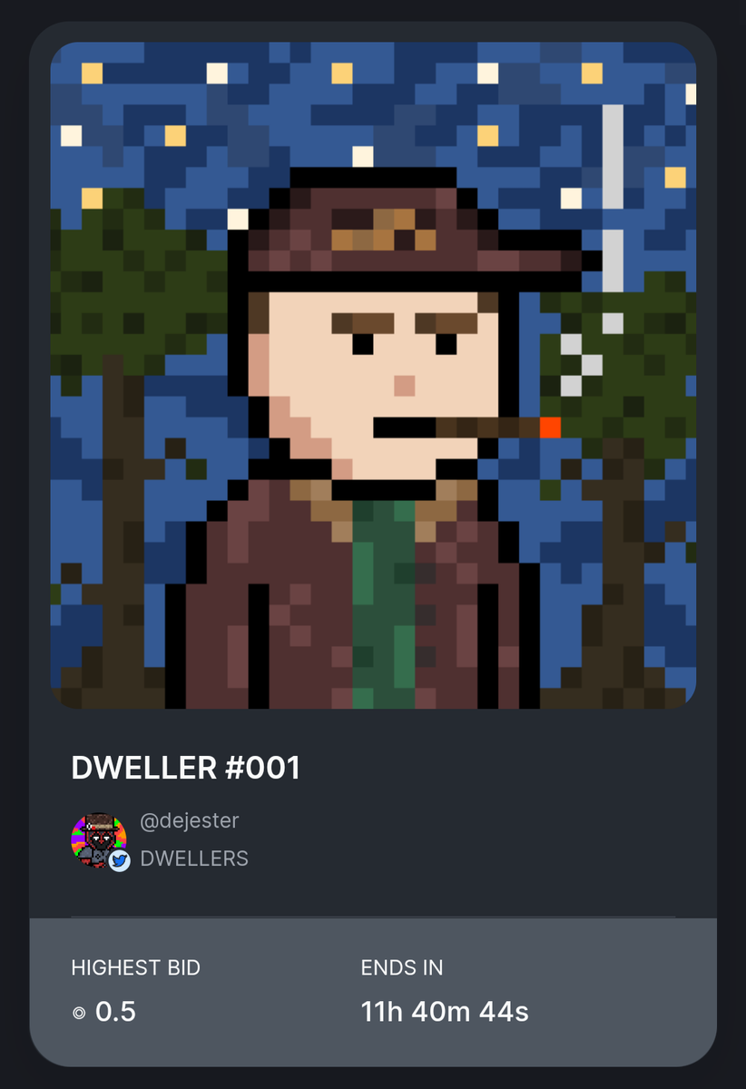 dwelllers's tweet photo. 11 HOUR REMAINING UPDATE:

DWELLER #001 "DUSTIN": .5 BID (THANK YOU TO @kidvm_, YOURE AMAZING) 

DWELLER #002 "ROY": .5 BID 

11 HOURS 40 MINS REMAINING ⏰

https://t.co/dOzjuZasiM https://t.co/DV0D7h3a5U