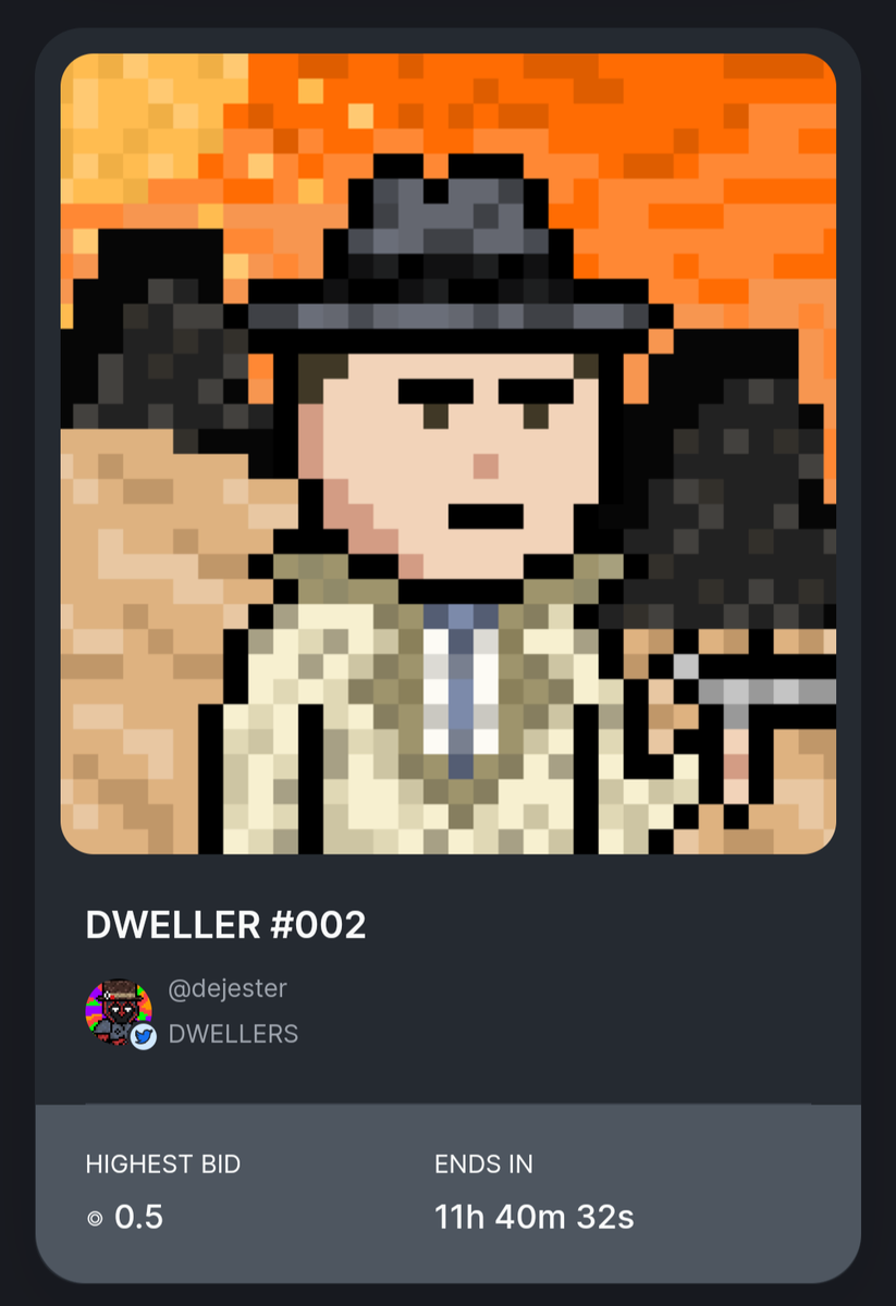 dwelllers's tweet photo. 11 HOUR REMAINING UPDATE:

DWELLER #001 "DUSTIN": .5 BID (THANK YOU TO @kidvm_, YOURE AMAZING) 

DWELLER #002 "ROY": .5 BID 

11 HOURS 40 MINS REMAINING ⏰

https://t.co/dOzjuZasiM https://t.co/DV0D7h3a5U
