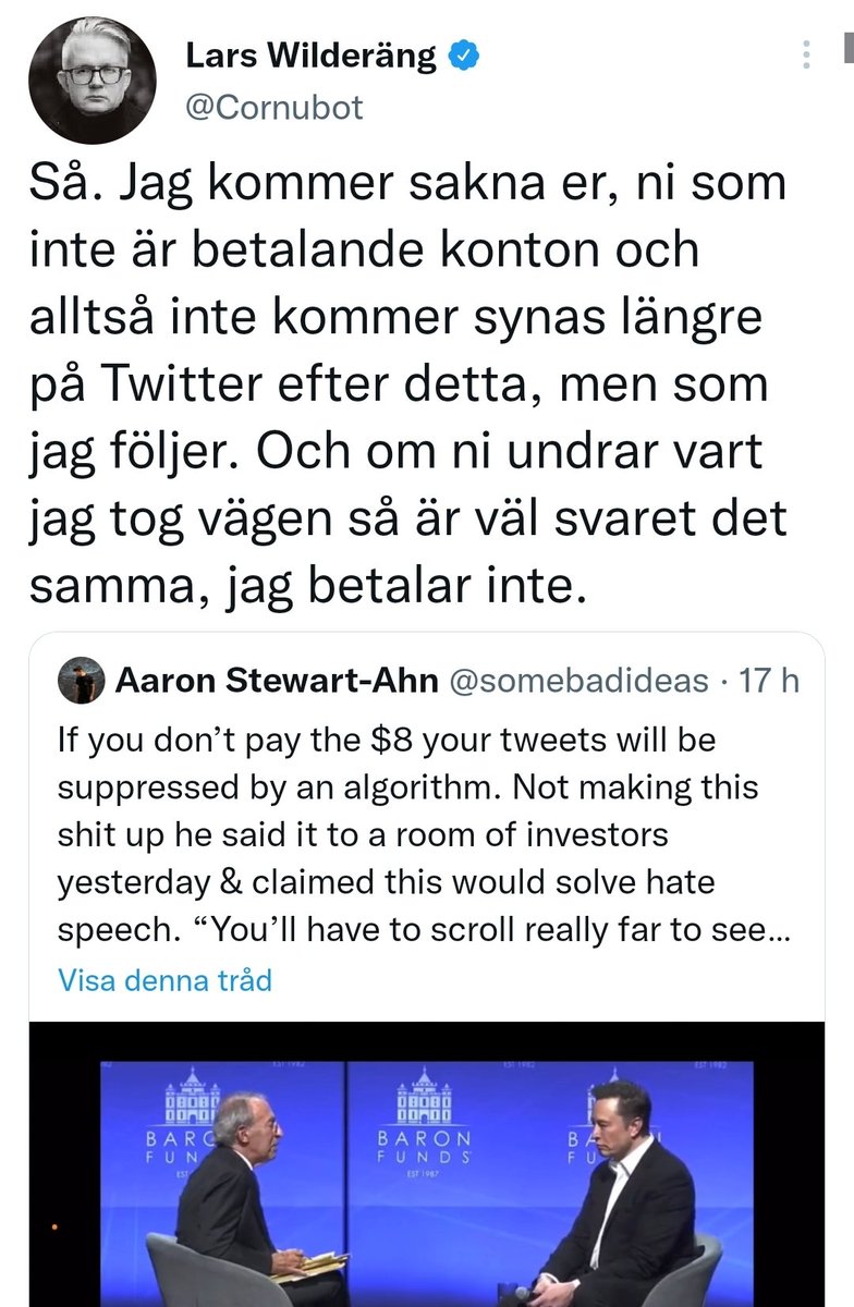 Först så blockar man alla som inte köper allt svammel man sprider till 100%. Sen gnälla över att man inte syns,?? Han syns ju bara för dom troende ändå. Är @cornubot vänsterbliven på riktigt??