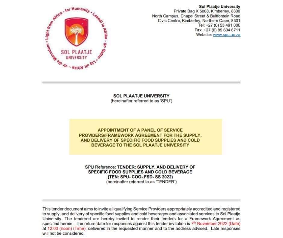 OPPORTUNITY ALERT &gt; You have until Monday, 07 November 2022 at 12h00 to make your submission for the 'supply and delivery of specific food supplies and cold beverages to the Sol Plaatje University' <a href="/KasiEconomy/">Kasi Economy</a> <a href="/Zin_Motaung/">Zin</a> <a href="/DCVHsa/">DCVH</a> <a href="/deuce_leburu/">Deuce Lemmy Leburu</a> <a href="/Keviarone/">Kevin Keviar Galeshewe</a> <a href="/ThamiMadlala18/">Thami Madlala</a>
