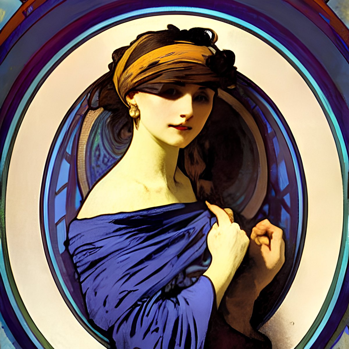 CREAIT_OFFICIAL's tweet photo. A painting of a lady with a blue scarf, by Alphonse Mucha
 #painting #blue_scarf #Alphonse_Mucha #aiart #aigeneratedart https://t.co/dq9H76EzoH